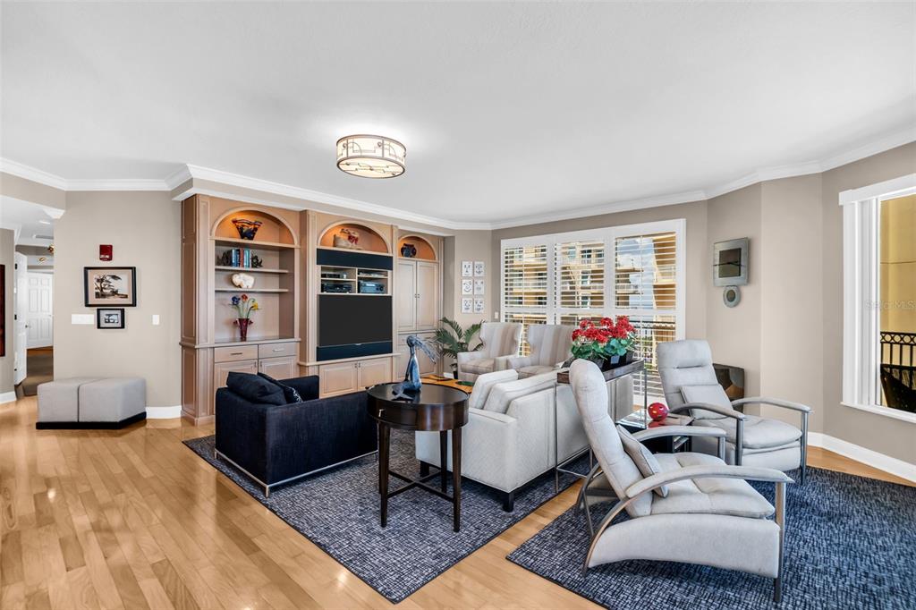 A living room features hardwood floors, a built-in entertainment center, and a blue area rug — 555 5TH AVENUE NE UNIT 1122, ST PETERSBURG, FL