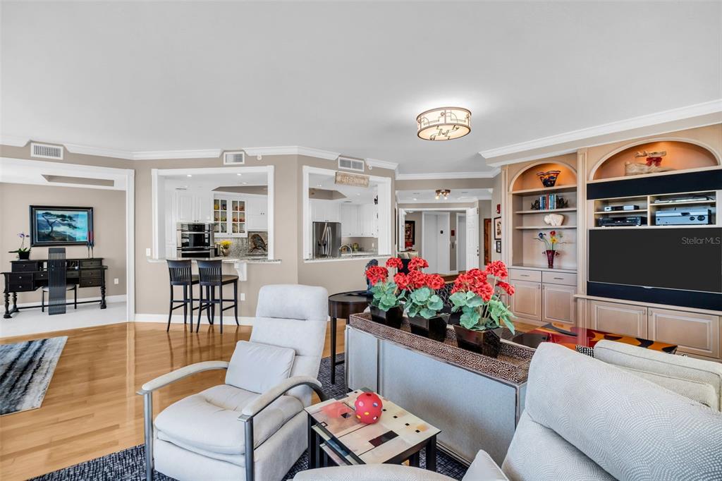 A living room features light hardwood floors, a built-in entertainment center, and an open kitchen — 555 5TH AVENUE NE UNIT 1122, ST PETERSBURG, FL