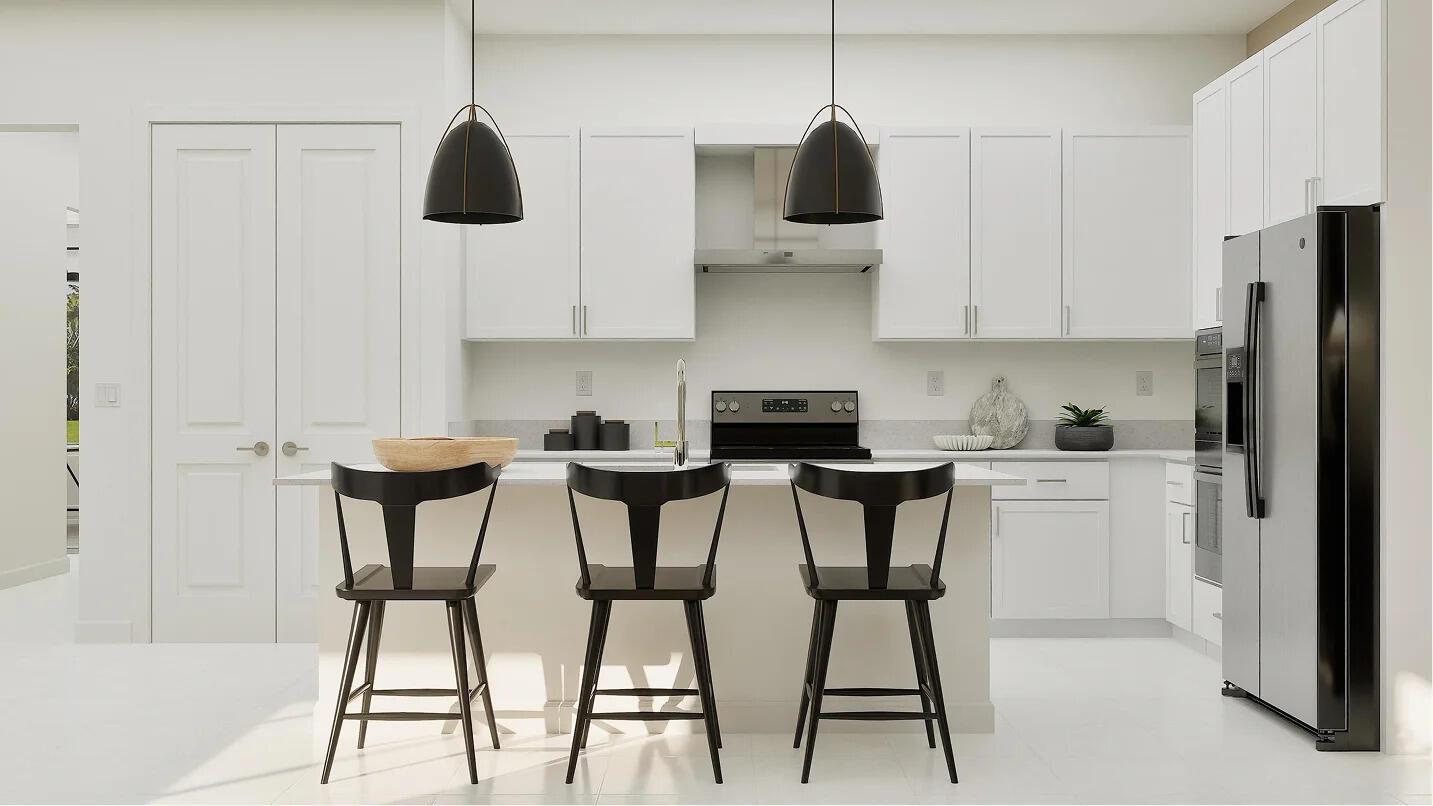 This kitchen rendering features white cabinetry, a central island with three black stools, and appliances — 1022 Raleigh Way, Wellington FL 33414, WELLINGTON, FL