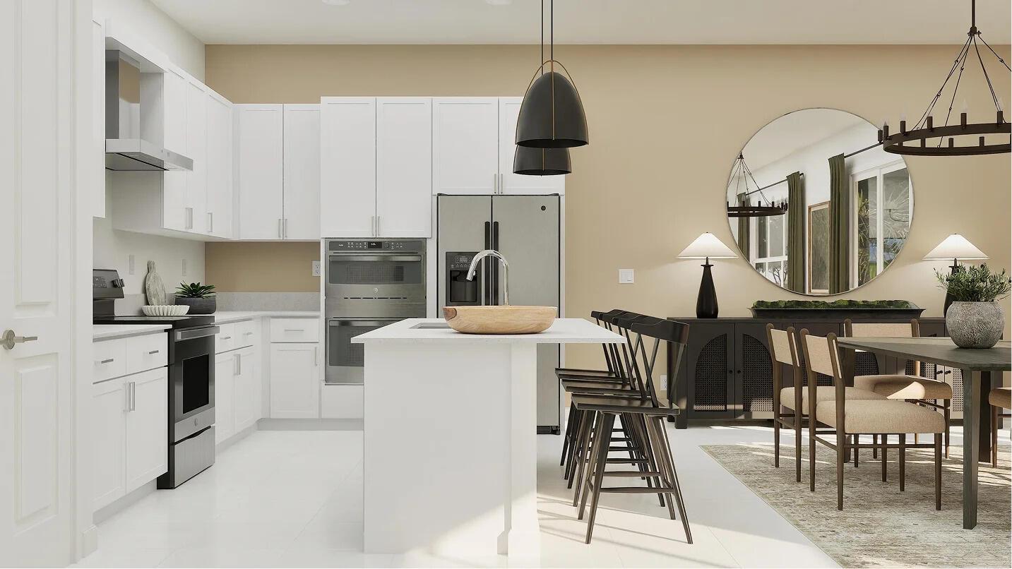 This rendering shows a modern kitchen with white cabinetry, a central island, and an adjacent dining area — 1022 Raleigh Way, Wellington FL 33414, WELLINGTON, FL