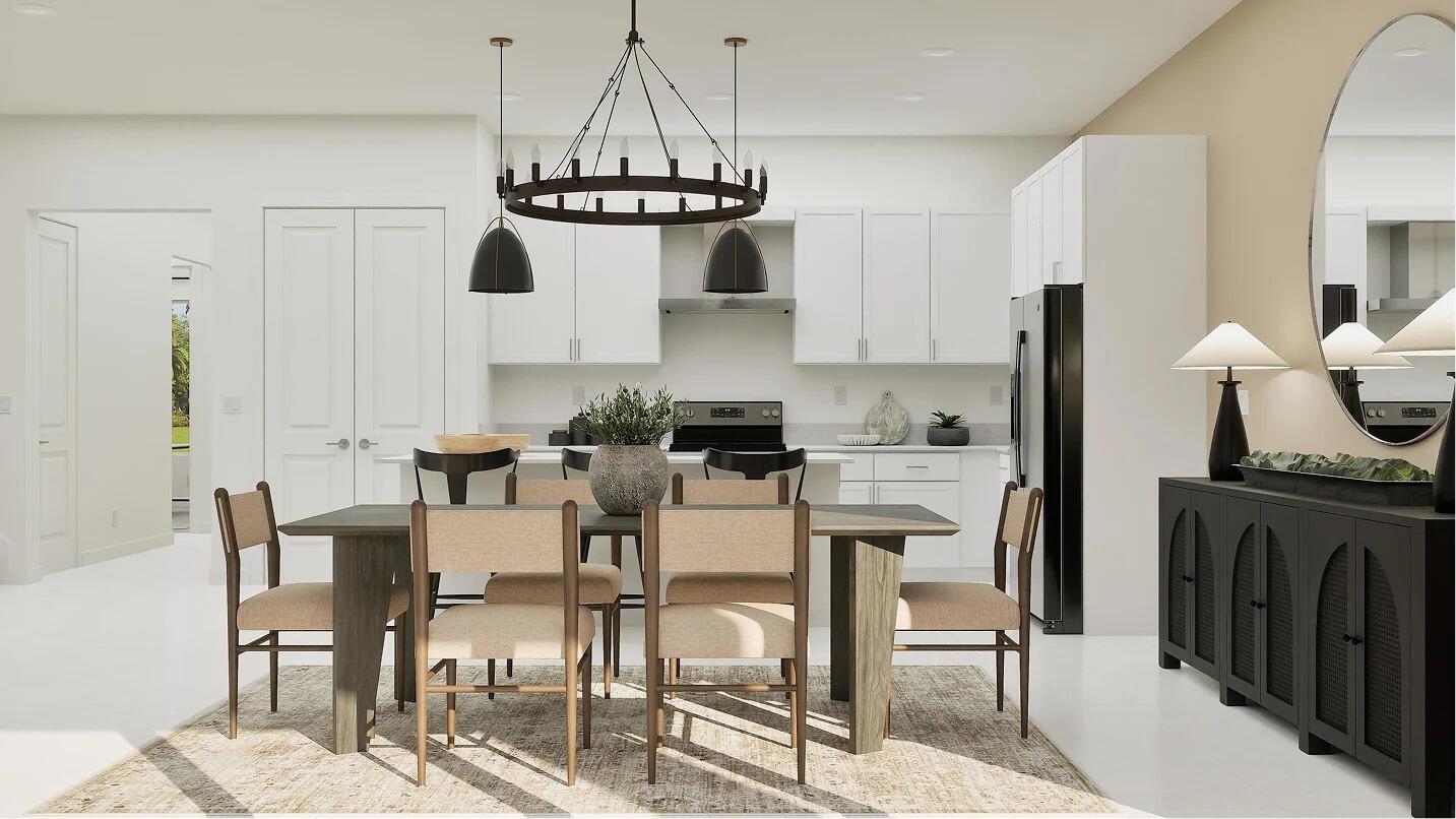 This is a rendering of a modern dining area and kitchen with white cabinetry — 1022 Raleigh Way, Wellington FL 33414, WELLINGTON, FL
