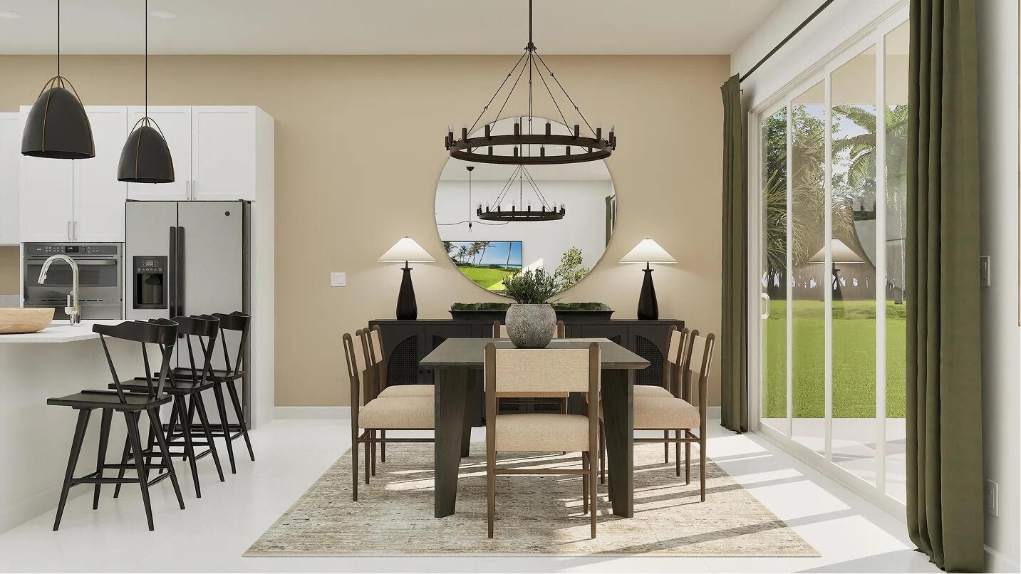This rendering shows a dining area with a dark wood table, chandelier, and sliding doors — 1022 Raleigh Way, Wellington FL 33414, WELLINGTON, FL