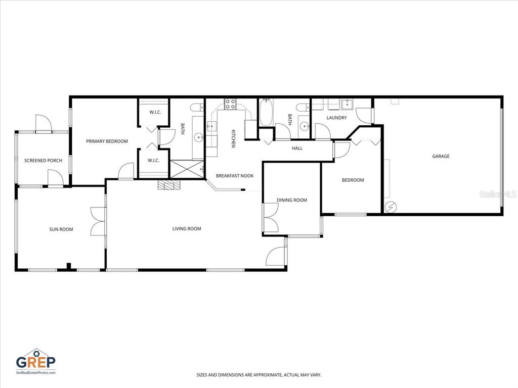 This is a floor plan of a house featuring a garage, sunroom, and screened porch — 15028 SILVERSMITH CIRCLE, SPRING HILL, FL