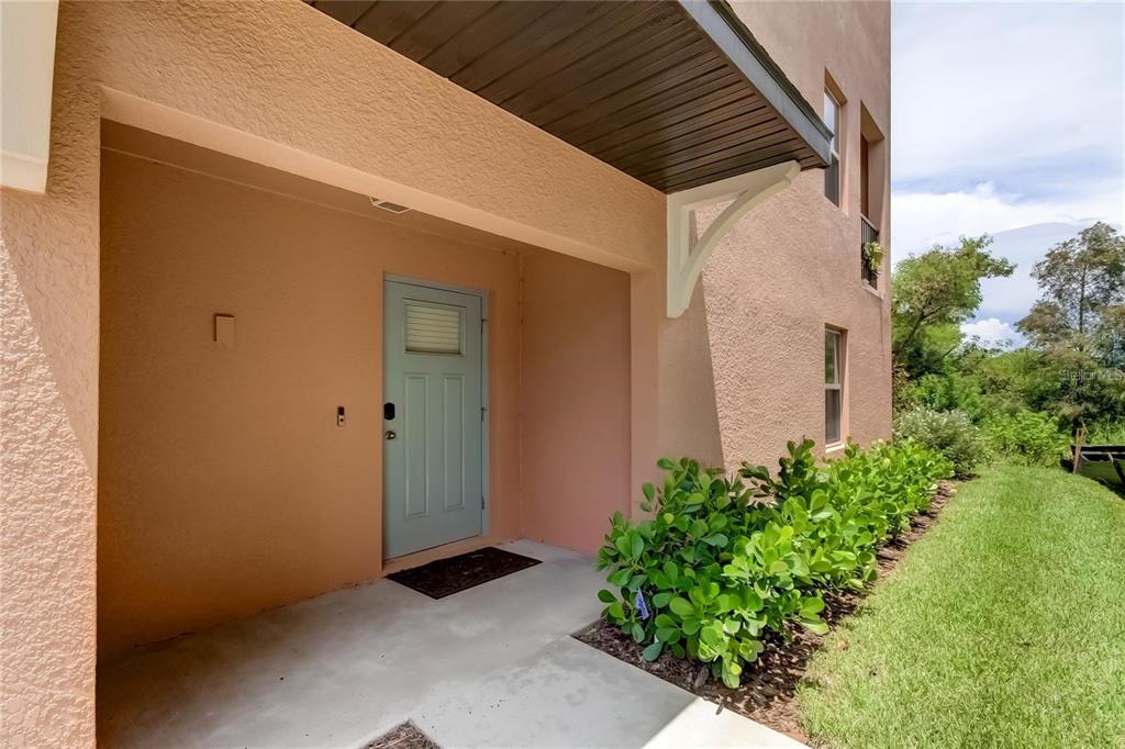 A light blue front door is recessed under a covered entryway with a concrete porch — 4626 WILLET COOPER COURT, TAMPA, FL