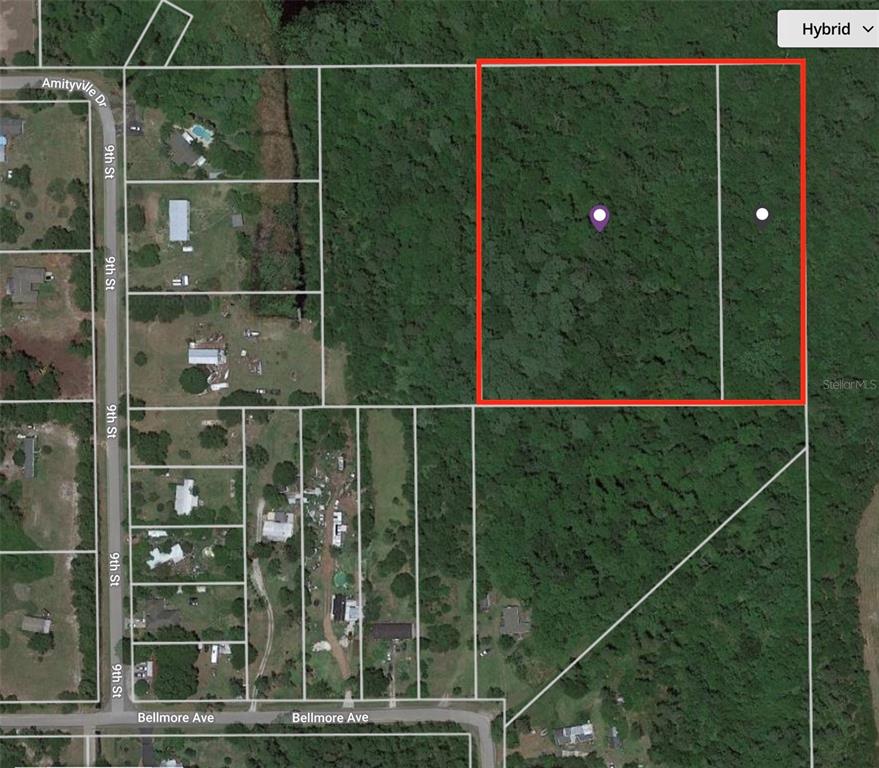 This is a satellite map showing two adjacent, undeveloped wooded lots outlined in red — Lot 296 & 297 9TH STREET, ORLANDO, FL