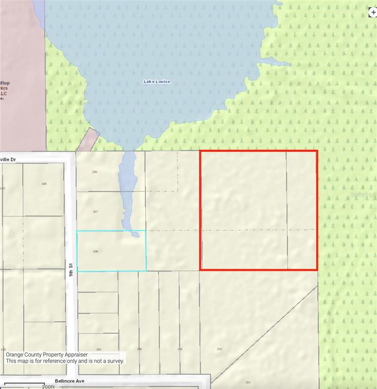 This is a property tax map showing land parcels near Lake Louise — Lot 296 & 297 9TH STREET, ORLANDO, FL