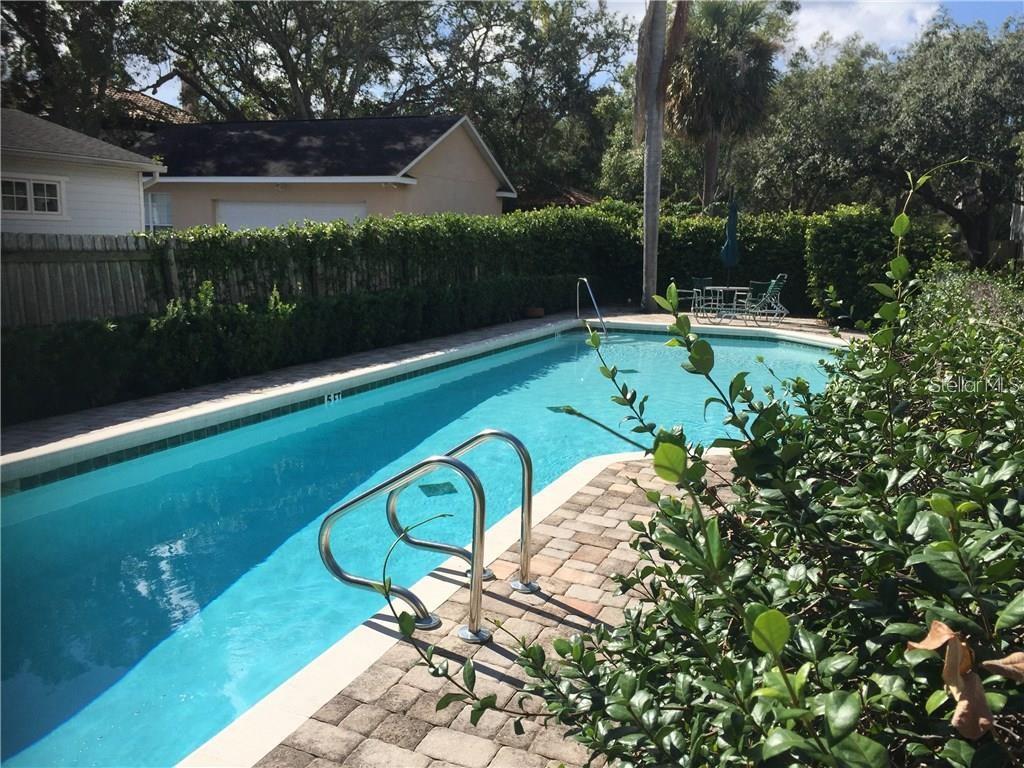 A rectangular swimming pool with metal handrails sits in a backyard surrounded by a hedge — 5300 BAYSHORE BOULEVARD UNIT A5, TAMPA, FL