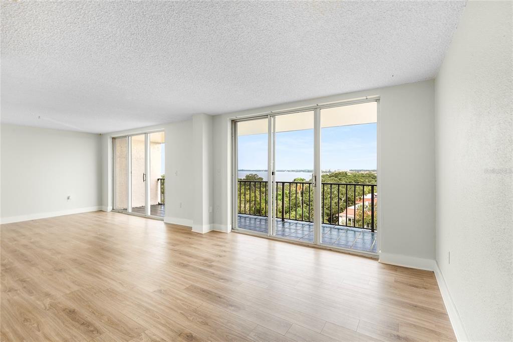 An empty living room with light wood flooring, white walls, and sliding glass balcony doors — 2699 SEVILLE BOULEVARD UNIT 802, CLEARWATER, FL