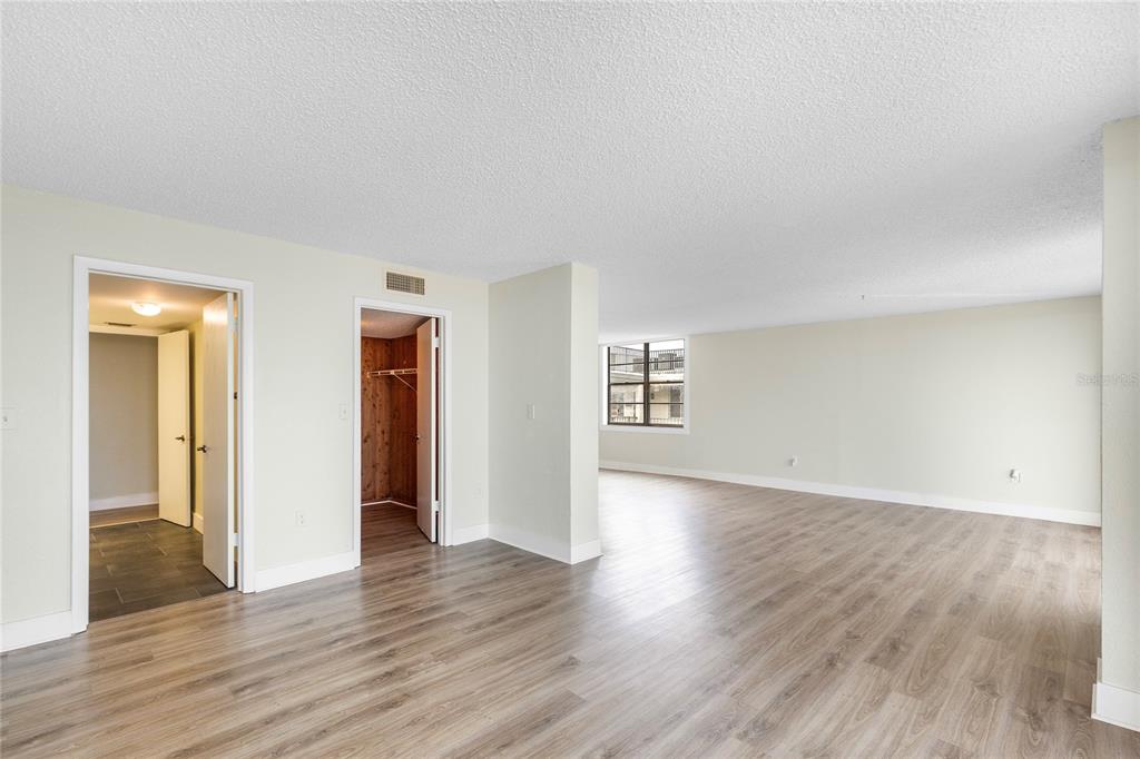 An empty room with light-colored walls, wood-look flooring, and two doorways leading to smaller spaces — 2699 SEVILLE BOULEVARD UNIT 802, CLEARWATER, FL