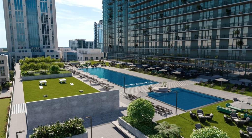 This rendering shows an elevated outdoor pool deck with lounge chairs, umbrellas, and green spaces — 434 N ORANGE AVENUE, ORLANDO, FL