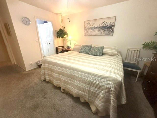 A bedroom features a large bed with striped bedding, a hanging plant, and a wall clock — 2060 MARILYN STREET UNIT 209, CLEARWATER, FL