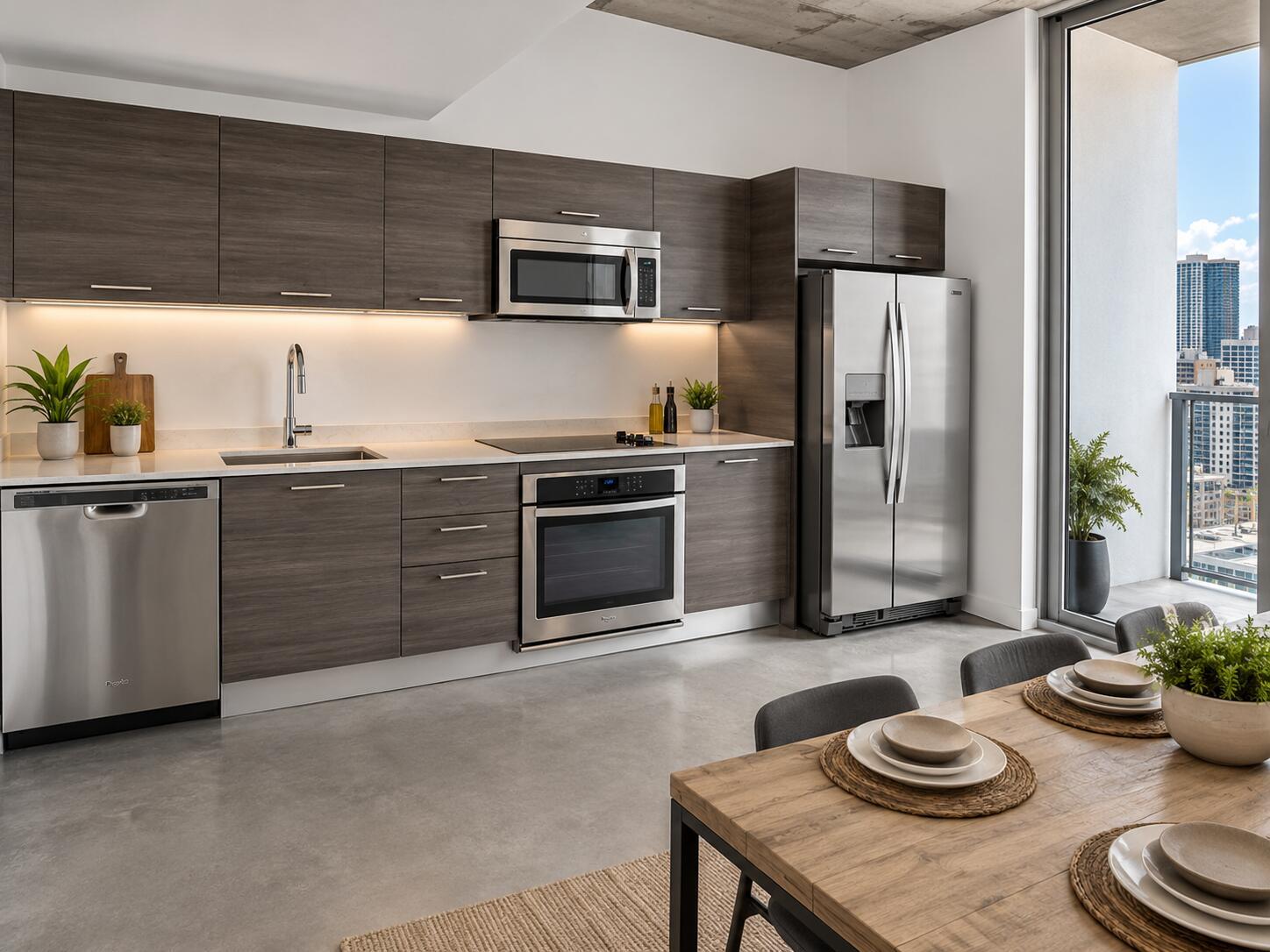 A modern kitchen features dark wood cabinets, stainless steel appliances, and a view of city buildings — 151 SE 1st Street # 608, Miami FL 33131, MIAMI, FL