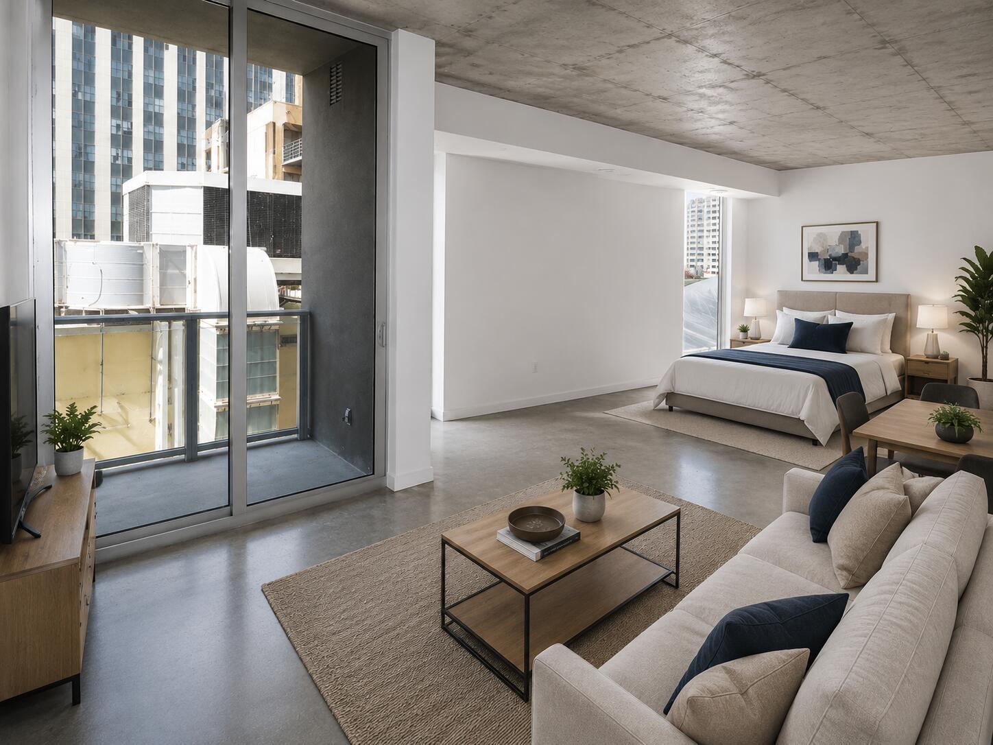 A studio apartment features a concrete ceiling, living area, bedroom, and a balcony with city views — 151 SE 1st Street # 608, Miami FL 33131, MIAMI, FL