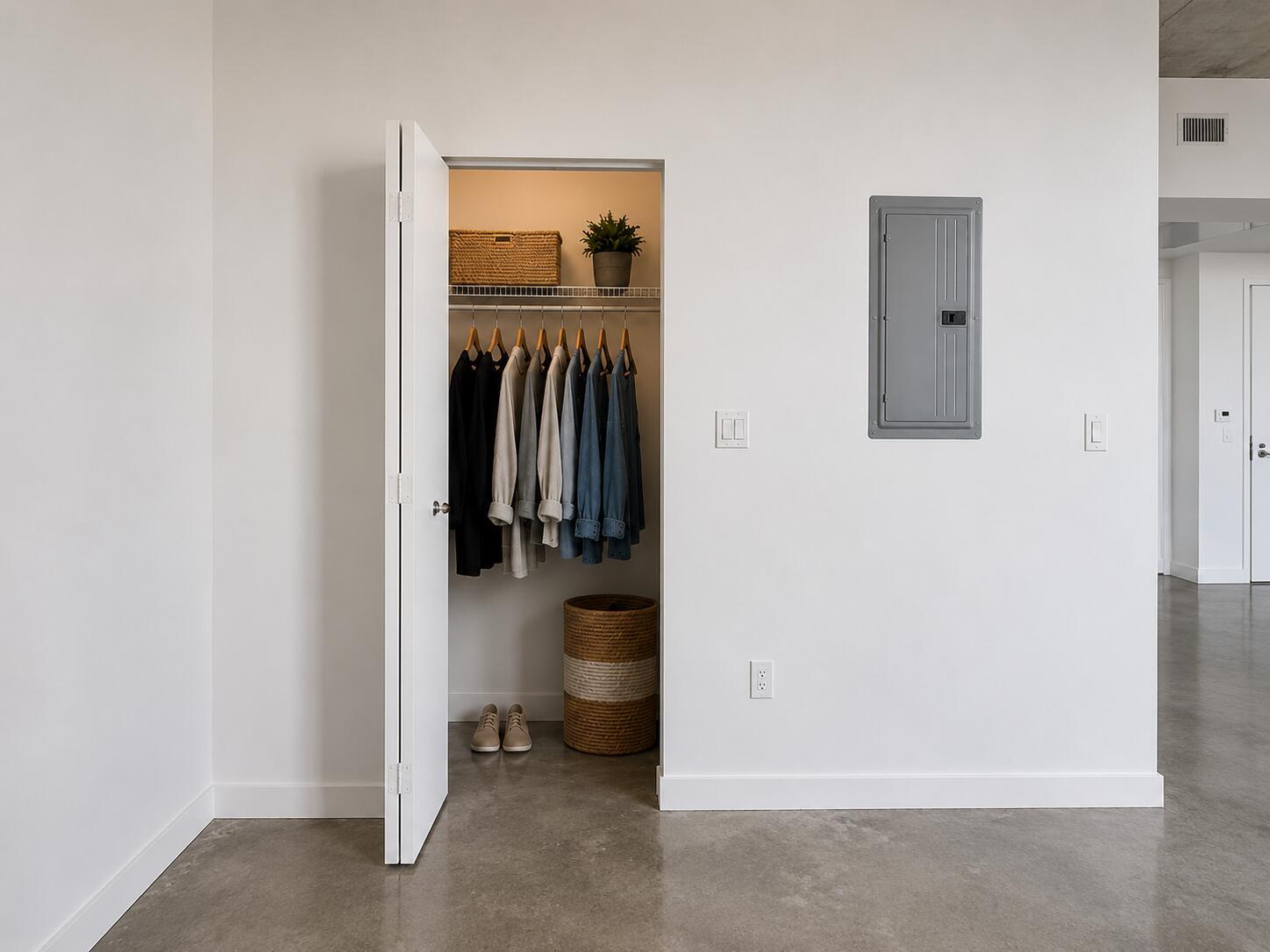 A closet with hanging clothes and a basket sits beside an electrical panel on white walls — 151 SE 1st Street # 608, Miami FL 33131, MIAMI, FL