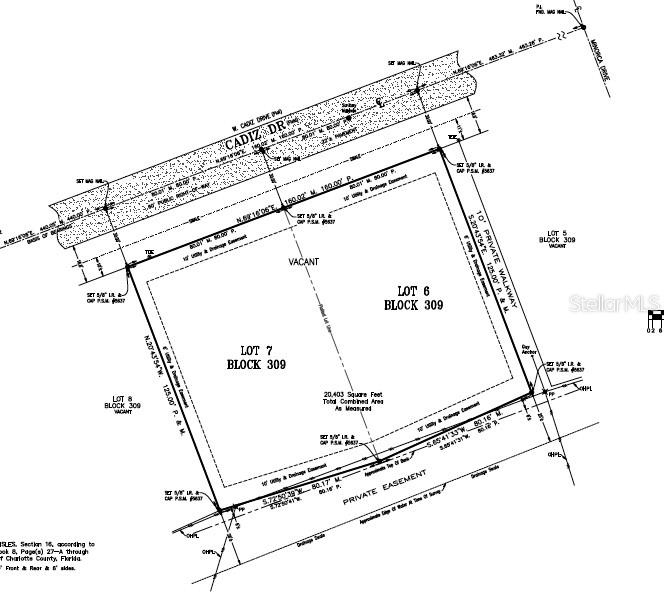 This is a survey map showing the property boundaries for Lot 6 and Lot 7 — 25241 CADIZ DRIVE, PUNTA GORDA, FL