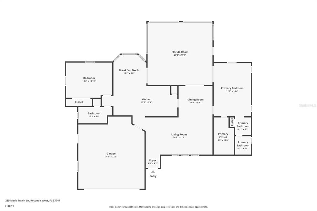 This is a floor plan for a single-story residential home with a garage — 285 MARK TWAIN LANE, ROTONDA WEST, FL