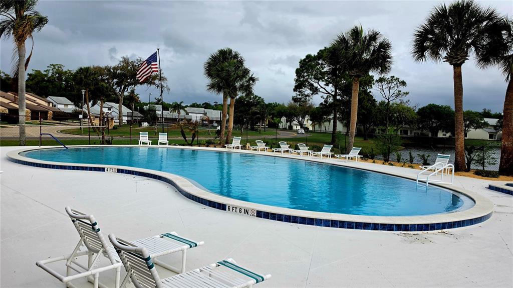 A kidney-shaped swimming pool with lounge chairs sits on a patio near palm trees — 2271 CANDLEWOOD LANE, NEW SMYRNA BEACH, FL