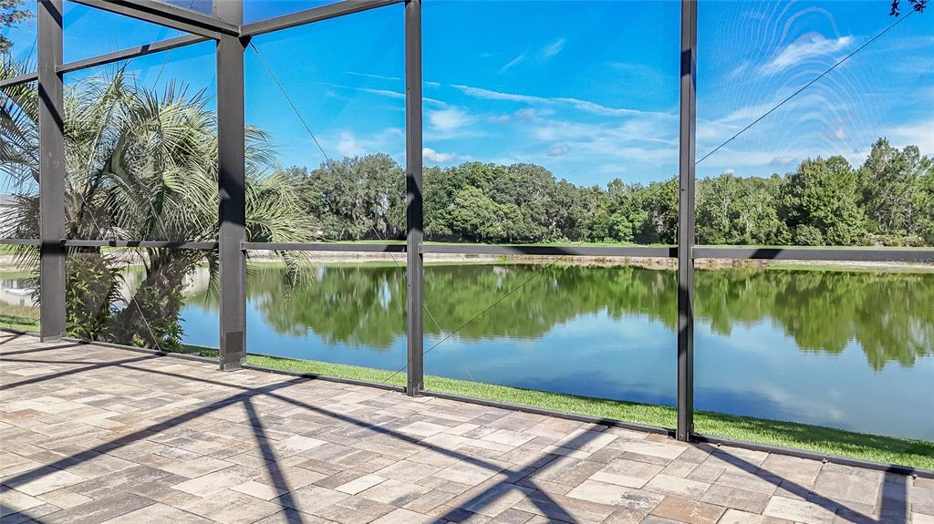 A screened-in patio with paver flooring overlooks a pond and a line of trees — 4907 POINTE O WOODS DRIVE, WESLEY CHAPEL, FL
