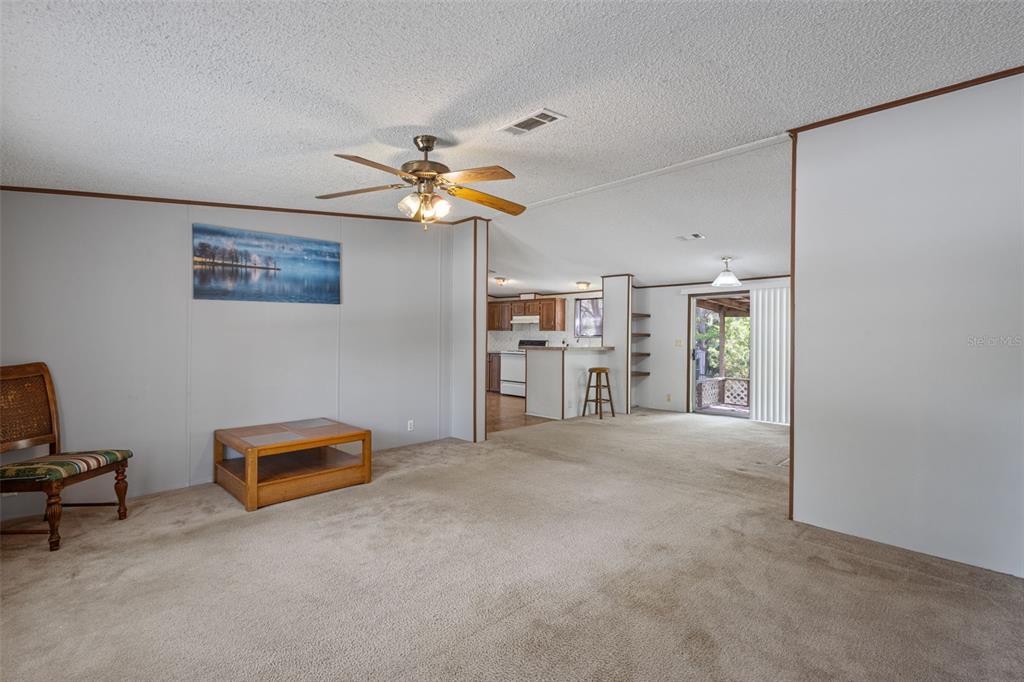 A carpeted living room opens to a kitchen and a sliding glass door to a porch — 704 SE 791ST STREET, OLD TOWN, FL