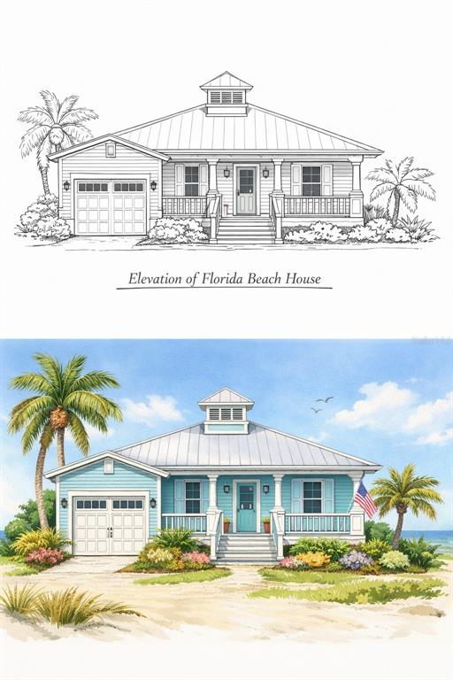 A rendering of a Florida beach house with a front porch, garage, and palm trees — 80 POMPANO STREET, PORT CHARLOTTE, FL