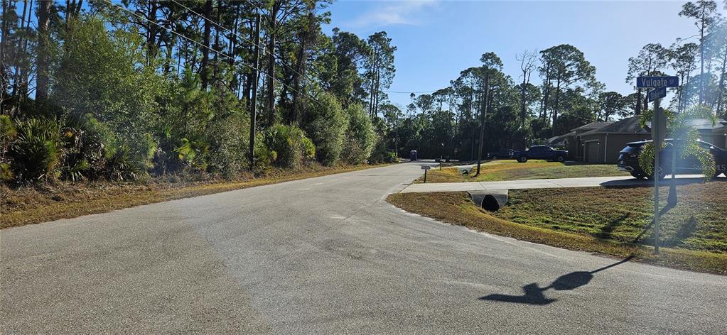 A paved residential street intersection features a street sign, wooded areas, and a nearby house — STOKIE AVENUE, NORTH PORT, FL