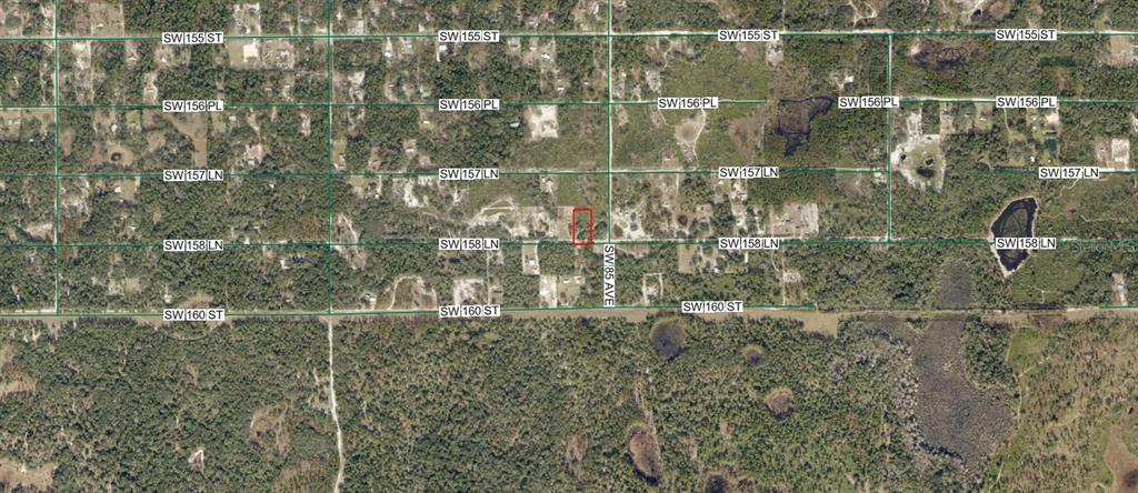 This is an aerial map showing a rectangular property lot outlined in red — 4090-431-000 SW 158 LANE, DUNNELLON, FL