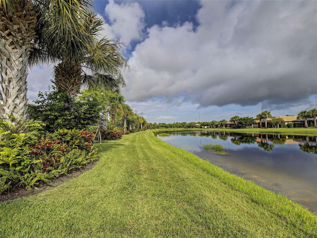 A grassy lawn borders a calm pond with palm trees and houses in the background — 13810 LIDO STREET, VENICE, FL