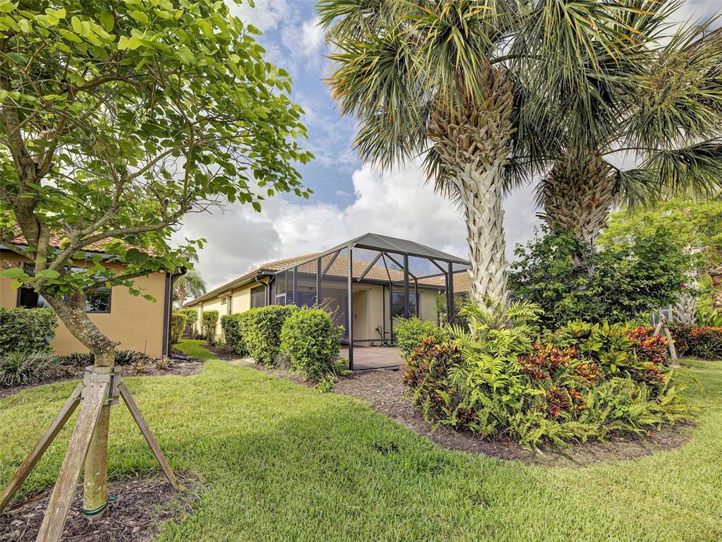 A backyard view features a screened-in patio, palm trees, and lush landscaping behind a house — 13810 LIDO STREET, VENICE, FL