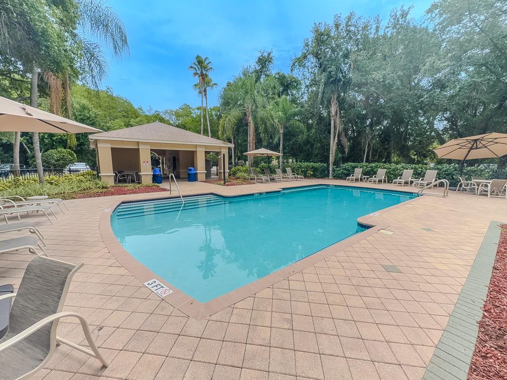 A swimming pool with a surrounding patio, lounge chairs, umbrellas, and a small pavilion — 8505 SANDY BEACH STREET, TAMPA, FL