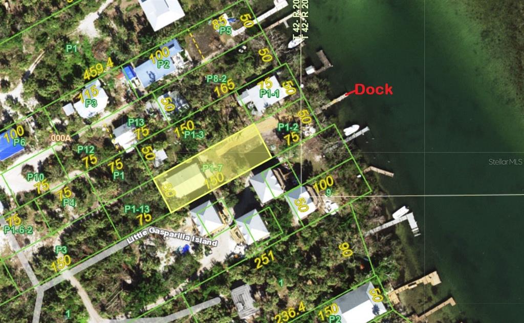This is an aerial map showing property boundaries and a dock on Little Gasparilla Island — 8142 LITTLE GASPARILLA ISLAND, PLACIDA, FL