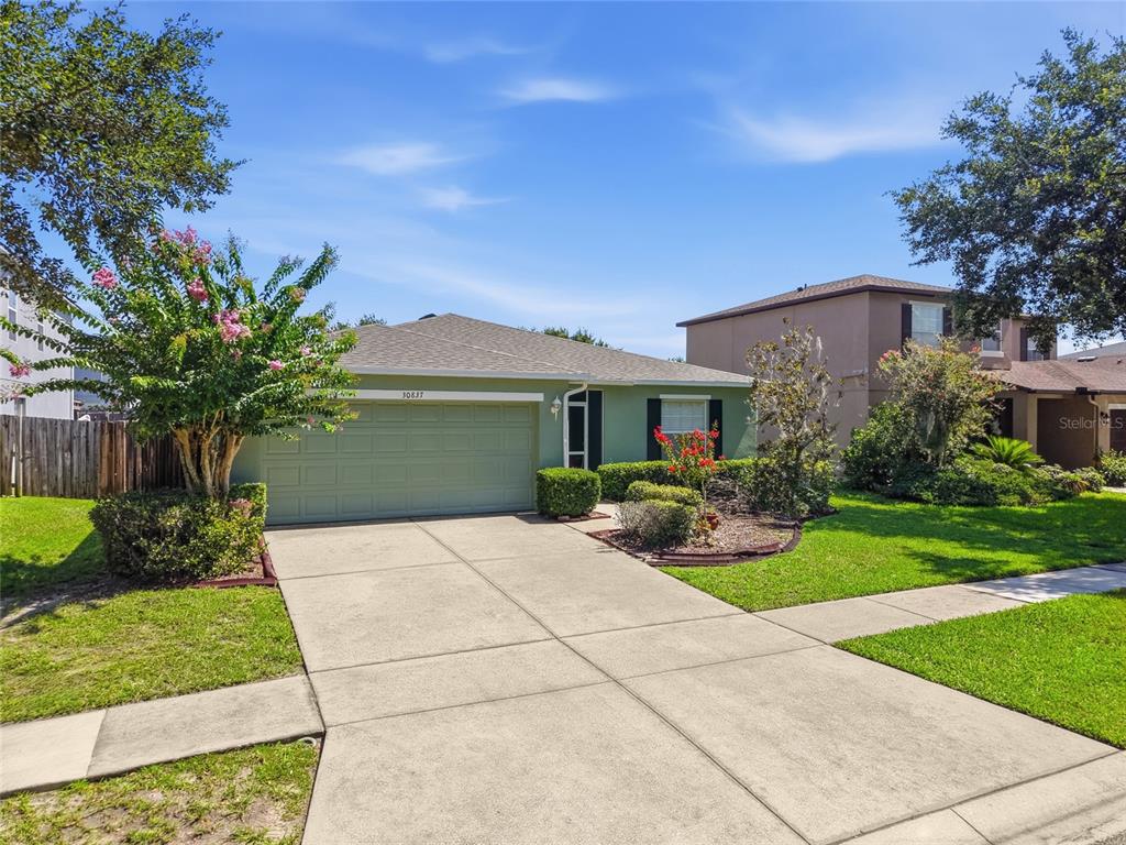 A single-story green house with a two-car garage and a concrete driveway — 30837 SONNET GLEN DRIVE, WESLEY CHAPEL, FL
