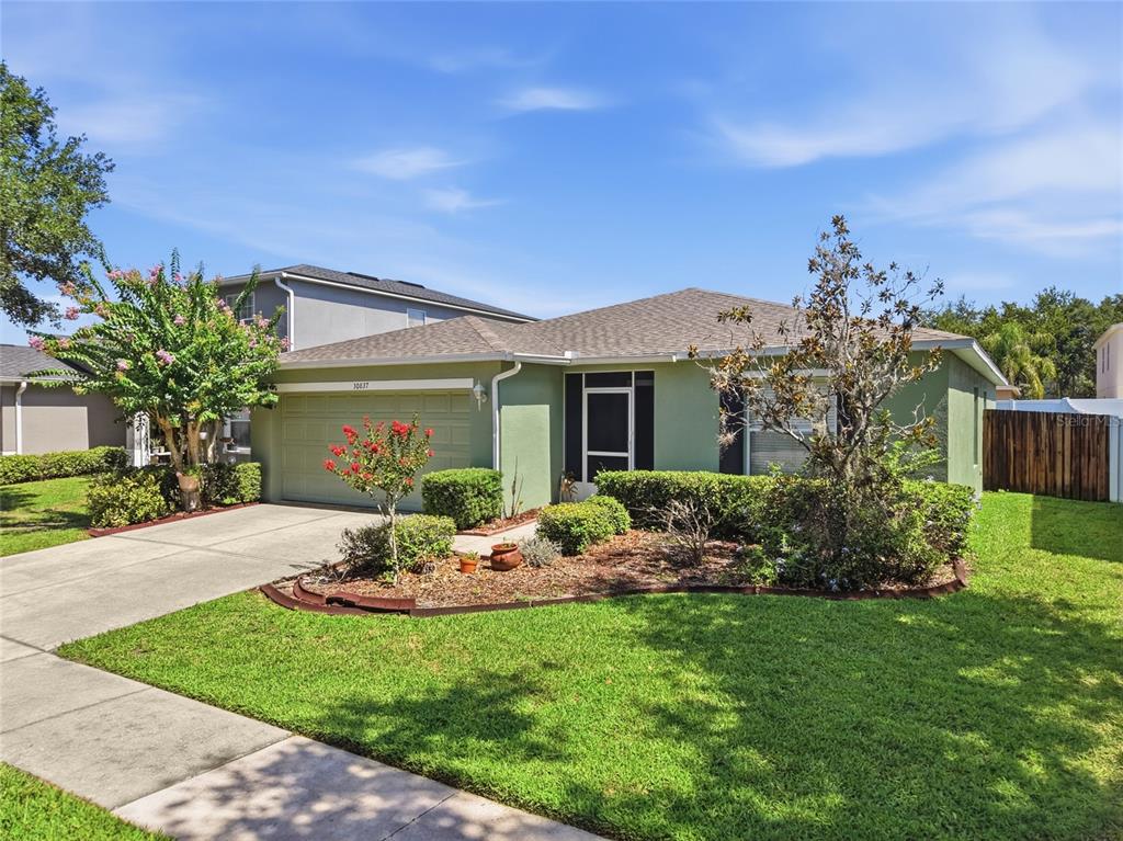 A single-story green house with a two-car garage and a landscaped front yard — 30837 SONNET GLEN DRIVE, WESLEY CHAPEL, FL