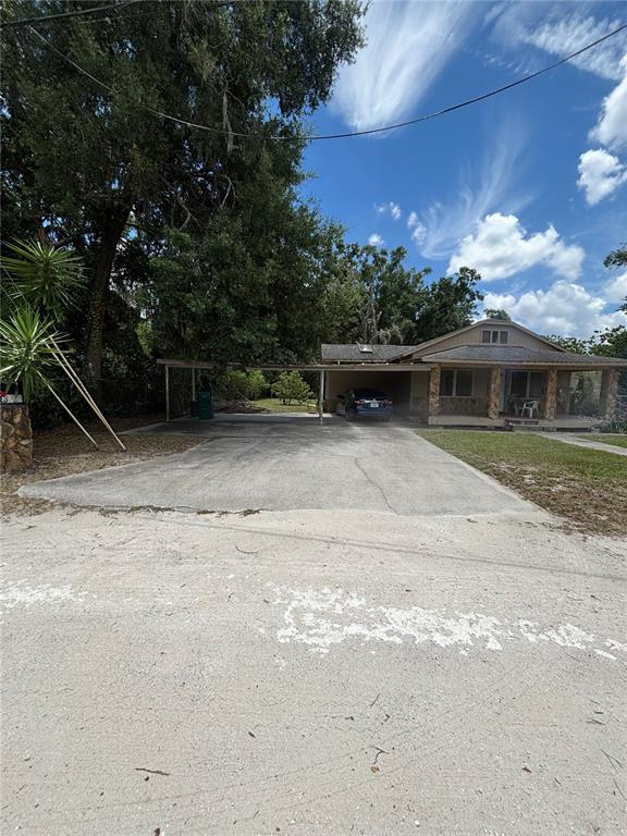 A single-story house with a large concrete driveway and an attached carport under trees — 13232 BLISSFIELD ROAD, ODESSA, FL