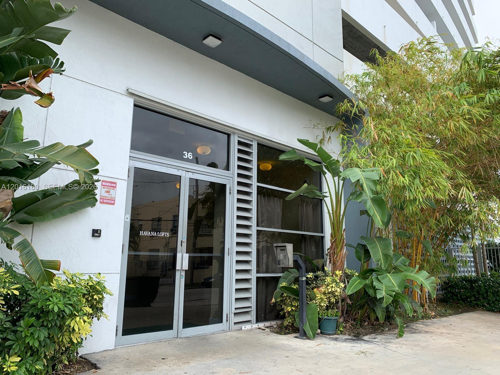 The exterior entrance of a building labeled Havana Lofts features glass double doors and landscaping — 36 NW 6th Ave # 1108, Miami FL 33128, MIAMI, FL