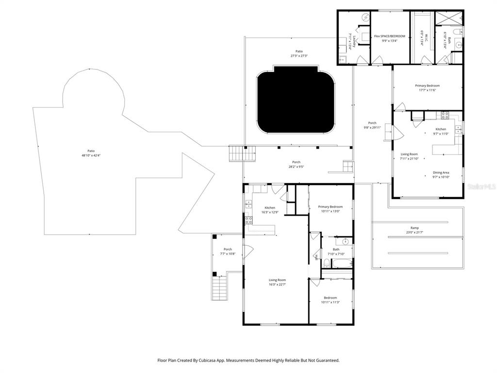This is a floor plan showing two connected residential structures with multiple patios and porches — 5447 S BOULEVARD DRIVE, HOMOSASSA, FL