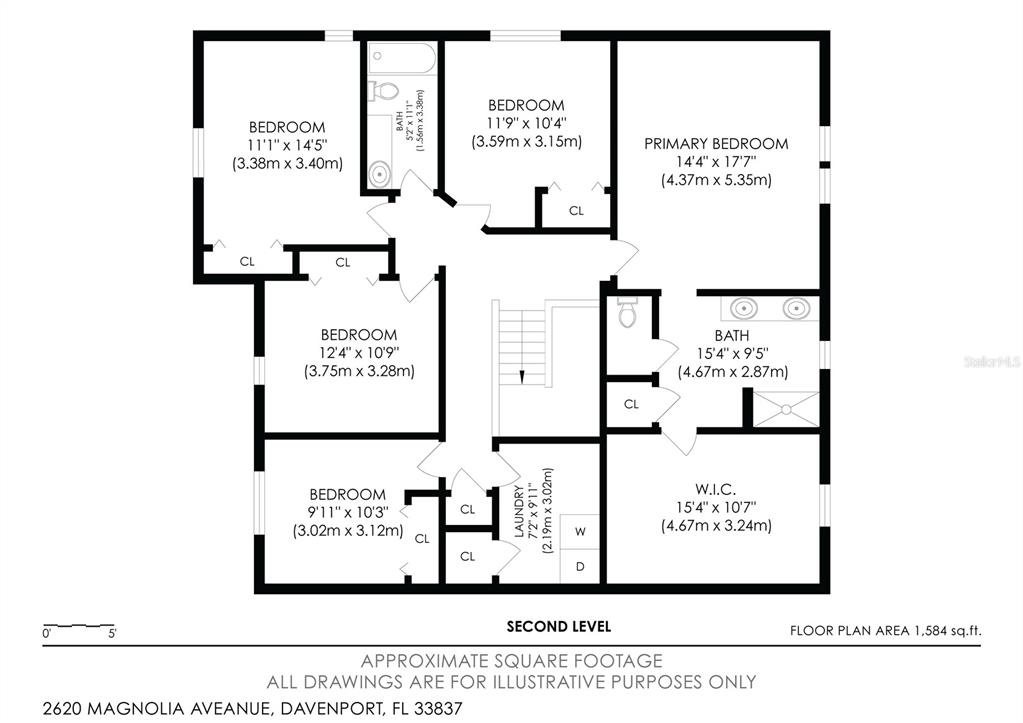 This is a floor plan of a second level featuring five bedrooms and two bathrooms — 2620 MAGNOLIA AVENUE, DAVENPORT, FL