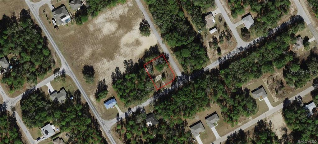 This aerial map shows a vacant, wooded residential lot outlined in red — 941 W CADIMA PLACE, CITRUS SPRINGS, FL