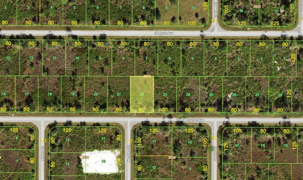This is a satellite map view showing a highlighted vacant residential lot among undeveloped land — 303 REDINGTON AVENUE, PORT CHARLOTTE, FL