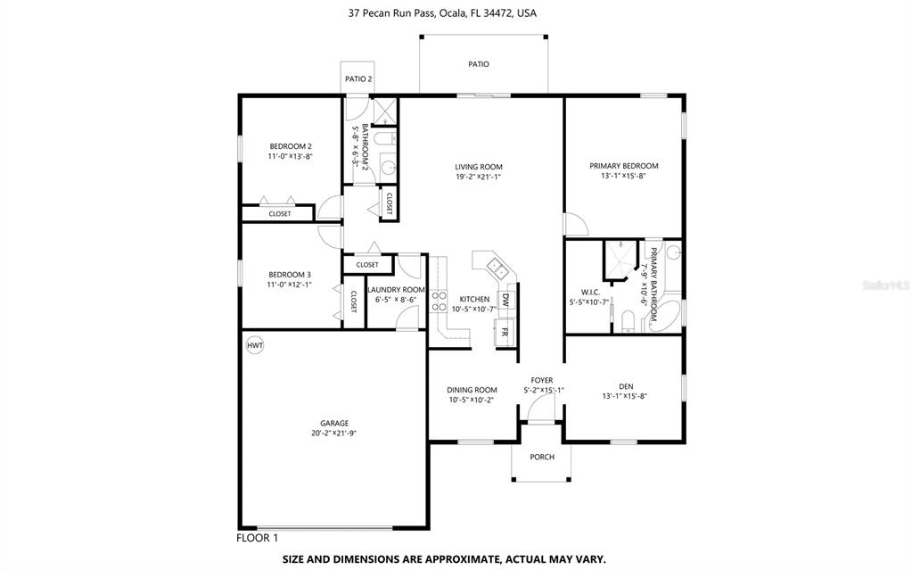 This is a floor plan showing the layout of a single-story residential home — 37 PECAN RUN PASS, OCALA, FL
