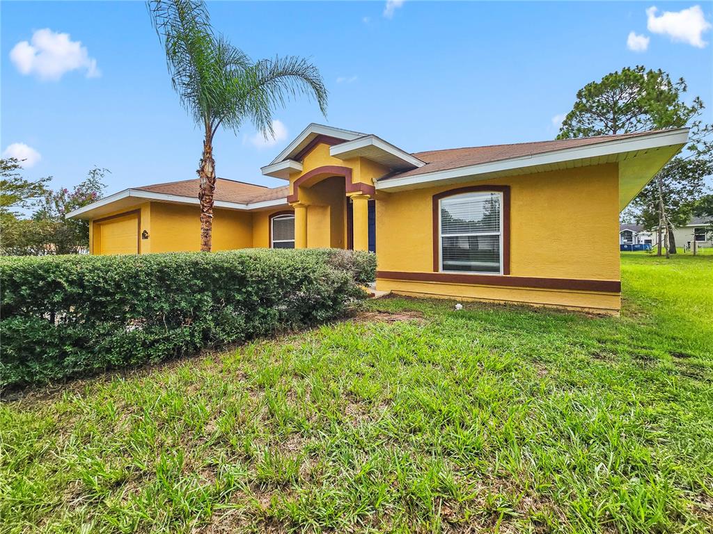 A yellow single-story house with a brown roof, a palm tree, and a front hedge — 37 PECAN RUN PASS, OCALA, FL