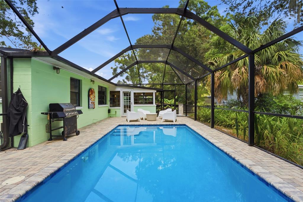A swimming pool sits on a paved patio enclosed by a black metal screen cage — 609 W RIVER DRIVE, TAMPA, FL