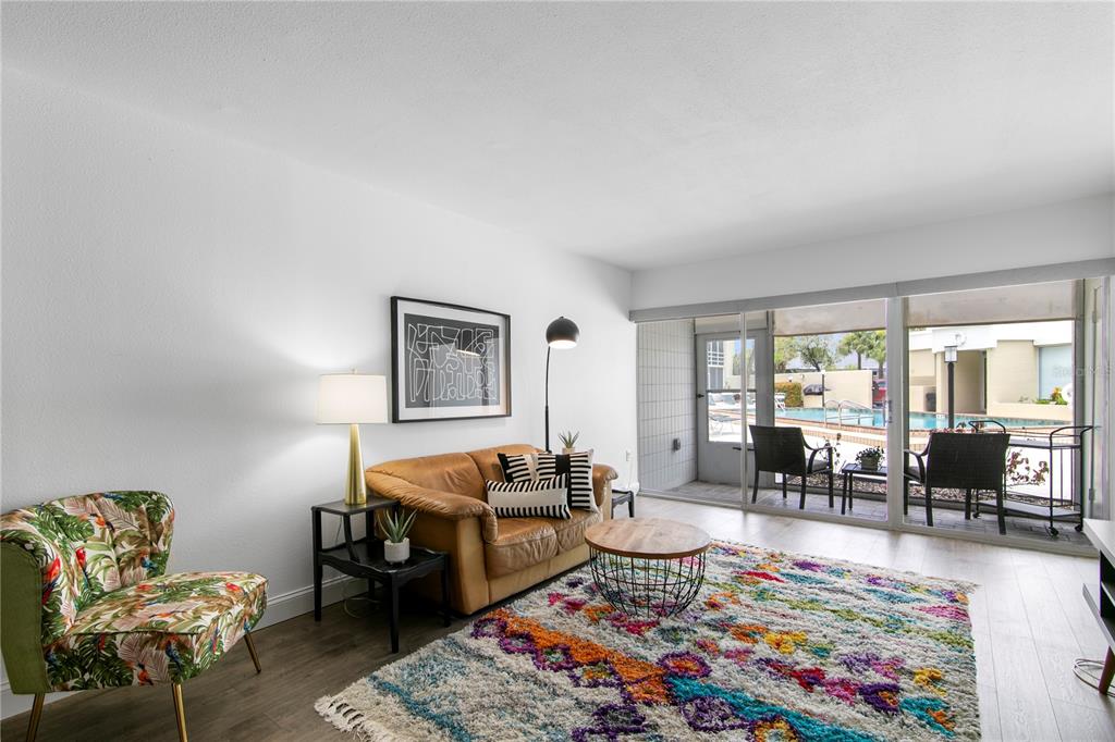 A living room features a colorful rug, leather sofa, patterned armchair, and sliding glass doors — 2302 S MANHATTAN AVENUE UNIT 108, TAMPA, FL