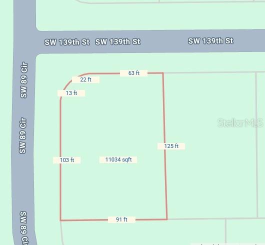 This is a map showing the dimensions and square footage of a residential corner lot — 0 SW 139 STREET, OCALA, FL