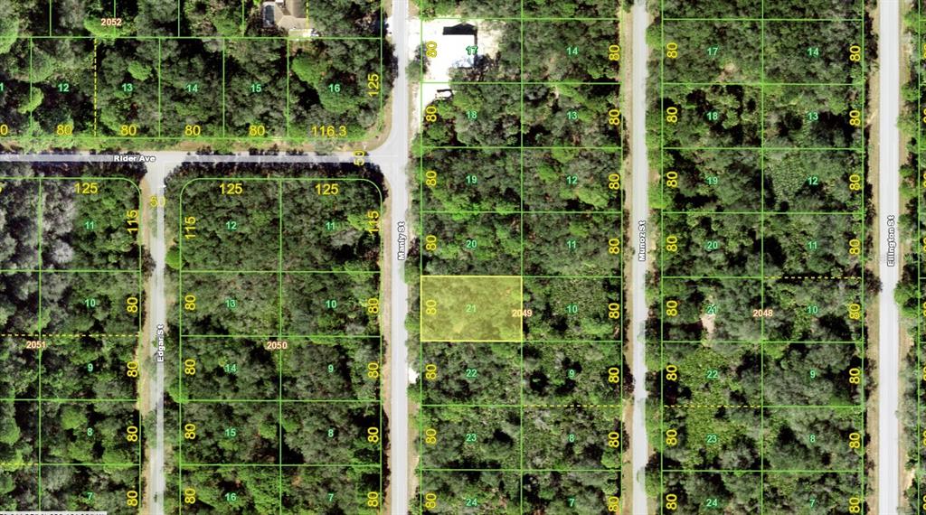 This is a map showing property lot lines and street layouts in a wooded area — 384 MANLY STREET, PORT CHARLOTTE, FL