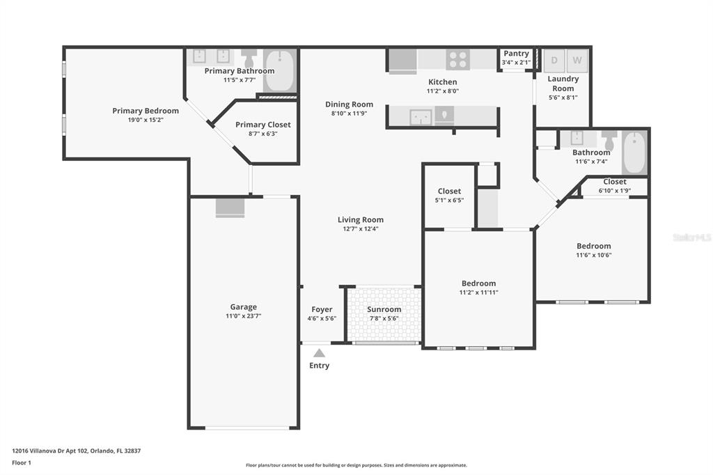 This is a floor plan for a residential unit featuring three bedrooms and a garage — 12016 VILLANOVA DRIVE UNIT 102, ORLANDO, FL
