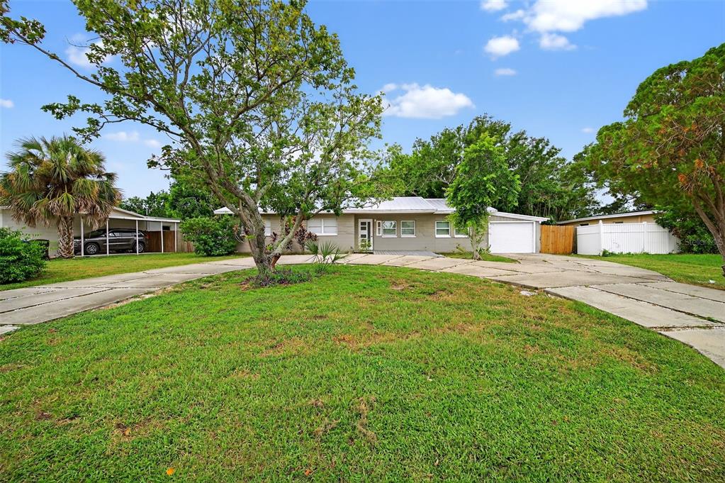 A single-story house with a concrete driveway, a large tree, and a carport — 300 DAVISON AVENUE NE, ST PETERSBURG, FL