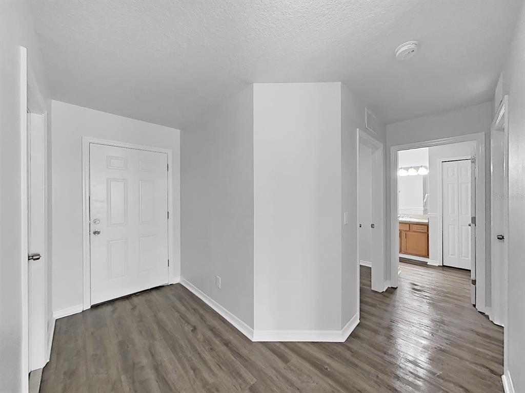 An entryway with light gray walls, wood-look flooring, and a white door — 6240 ARTHUR AVENUE, NEW PORT RICHEY, FL