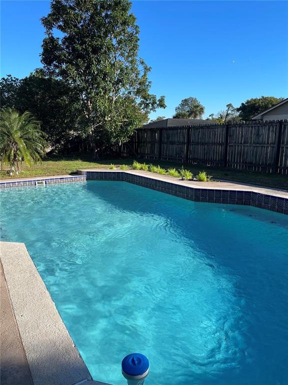 A backyard swimming pool with a blue tiled border sits before a wooden privacy fence — 3140 TCU BOULEVARD, ORLANDO, FL