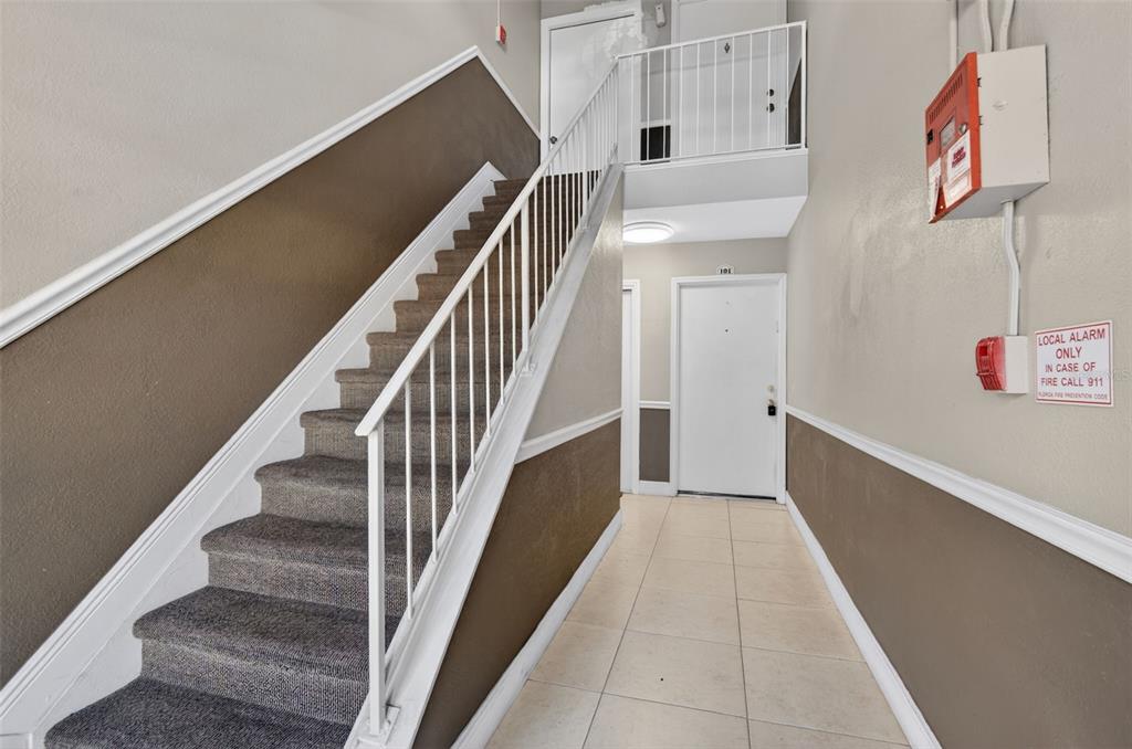 A carpeted staircase with a white railing leads to an upper level in a hallway — 2521 CEDAR CYPRESS COURT UNIT 101, TAMPA, FL