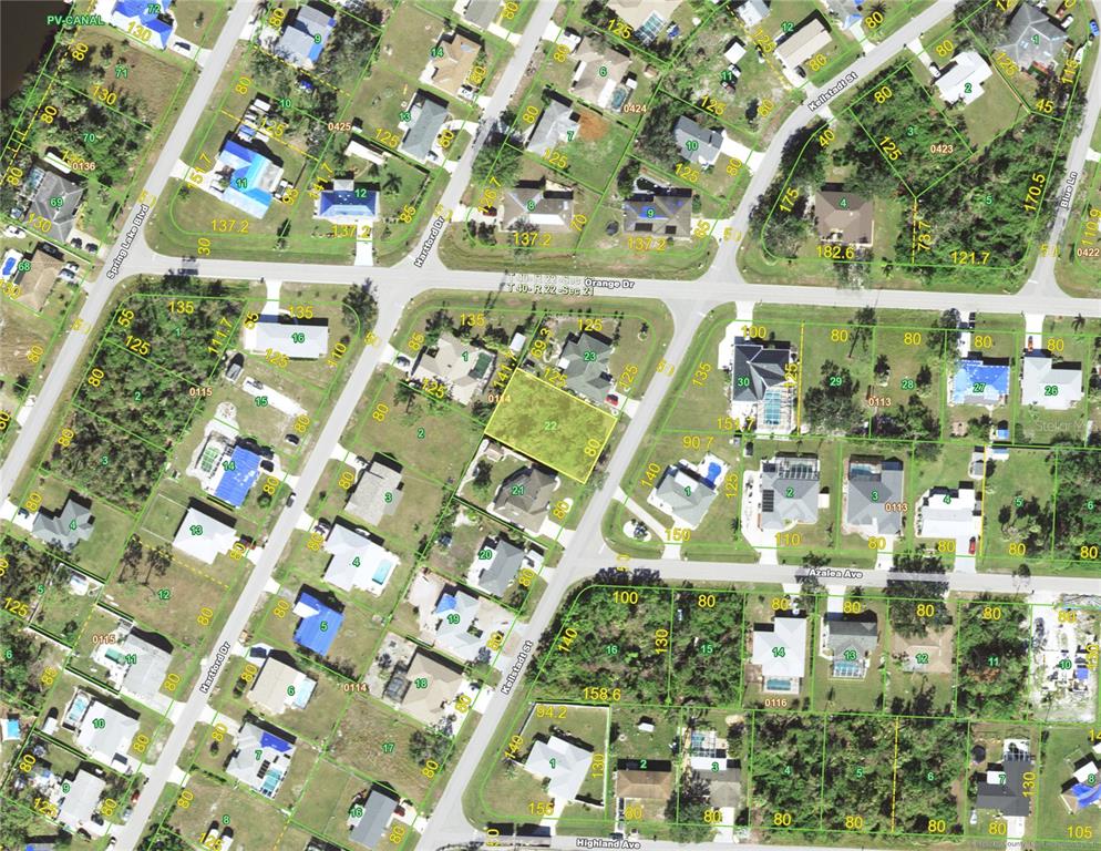 This is an aerial map showing residential lots, streets, and property boundaries — 572 KELLSTADT STREET NW, PORT CHARLOTTE, FL
